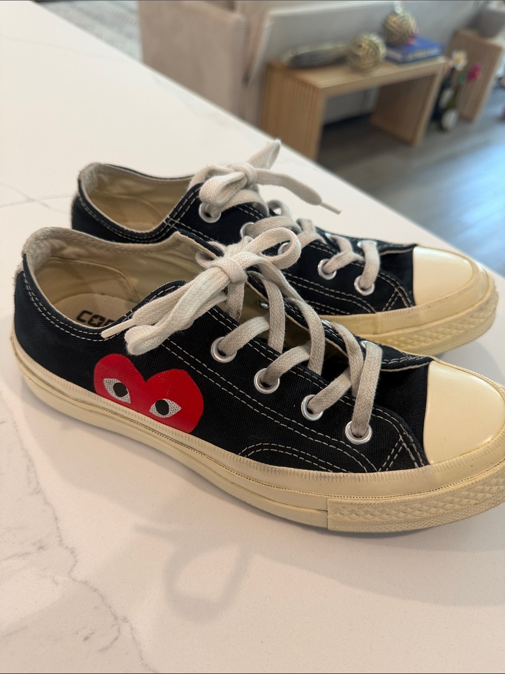 Converse Chuck Taylor Low Top Sneakers in Black and Cream with Red Heart